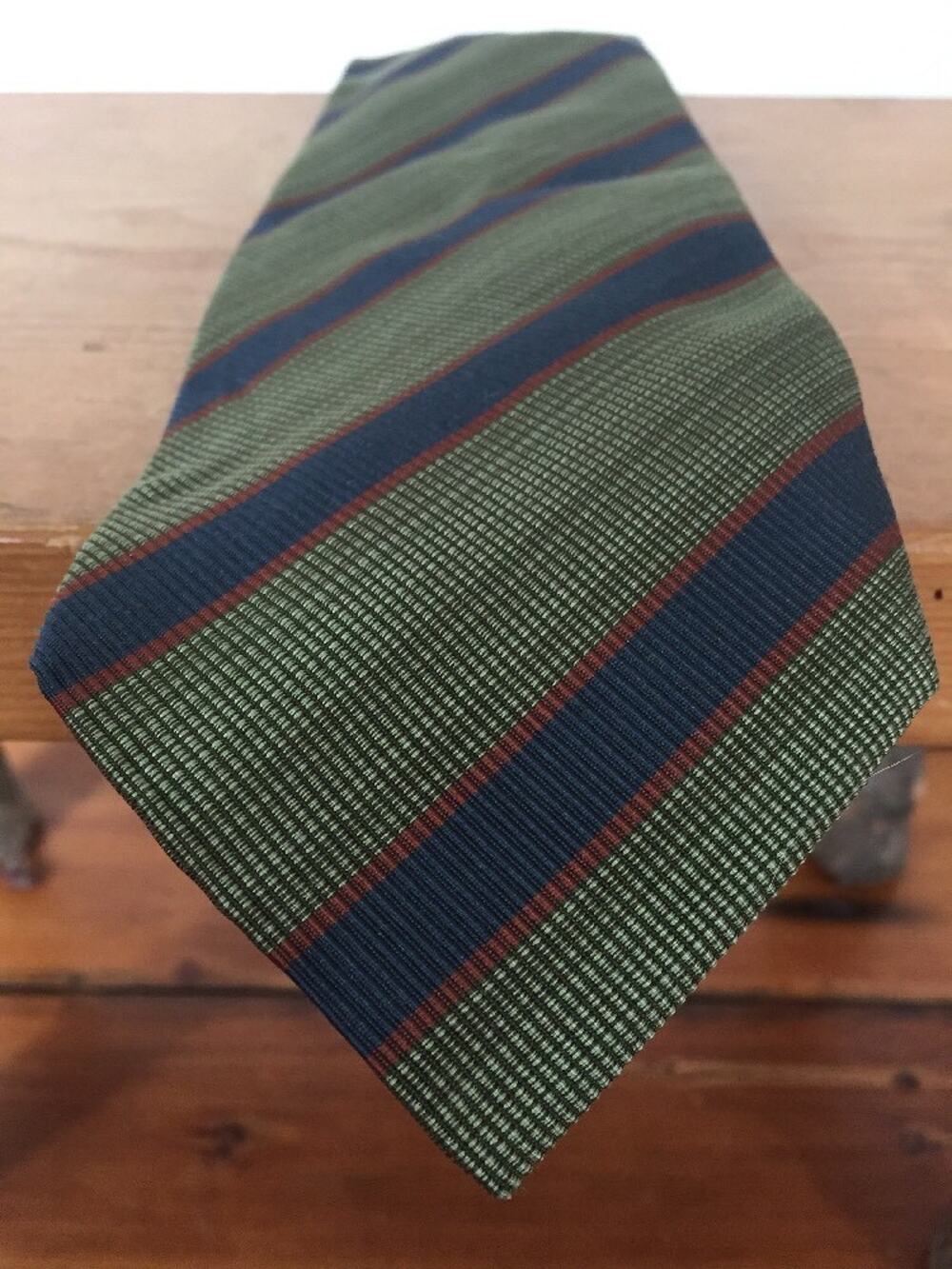 David Chu Green Blue Red Diagonal Striped Silk Cotton 3.75" Wide Mens Neck Tie
